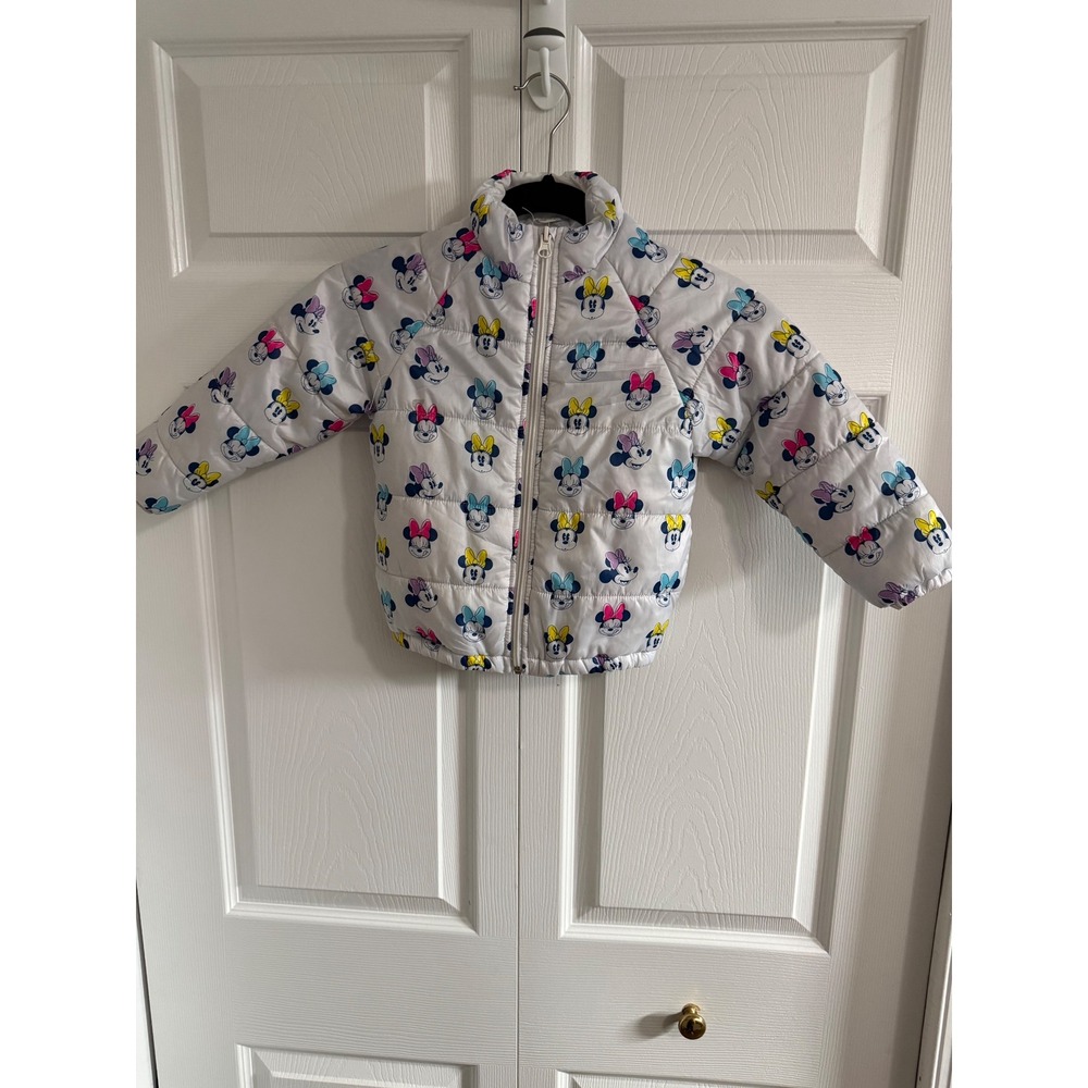 Disney Minnie Mouse Puffer Jacket White Rainbow Cartoon Print Zip Up Kids Size 3